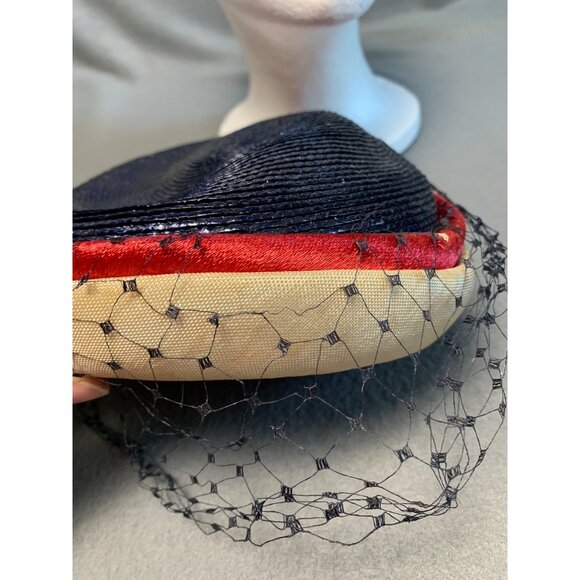 Vintage Navy & Cream Pillbox Hat With Red Trim & Black Veil Sz 22" - Picture 8 of 11